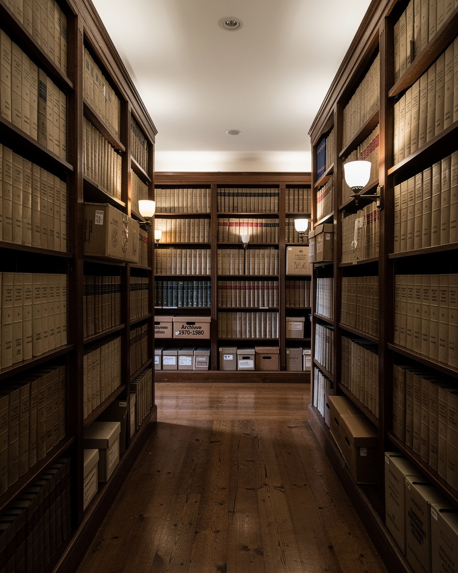 Quiet library archive with tall shelves of bound research volumes