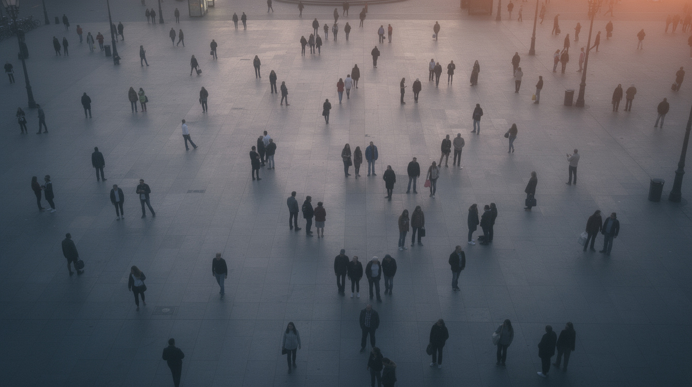 Anonymous crowd of people seen from a distance in an open plaza